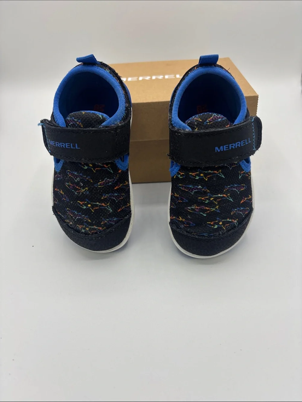 Merrell Toddler Velcro Blue/Black Water shoes with grip bottom. 4.5 & Runs wide!